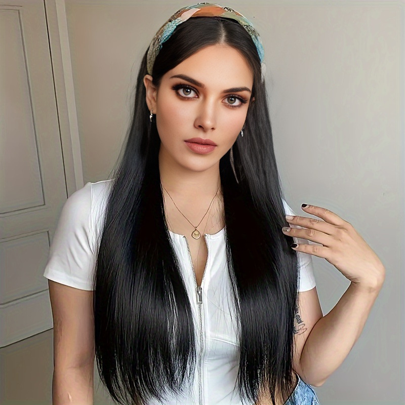 Temu cross-border e-commerce hairband wig women's black long straight hair color woven rhinestone twist hairband one-piece half head cover