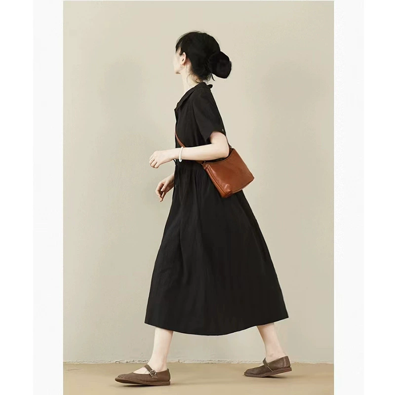 25 весенне-летних новых стилей с соленой текстурой и лацканами, свободное черное платье средней длины, дизайн топа с короткими рукавами