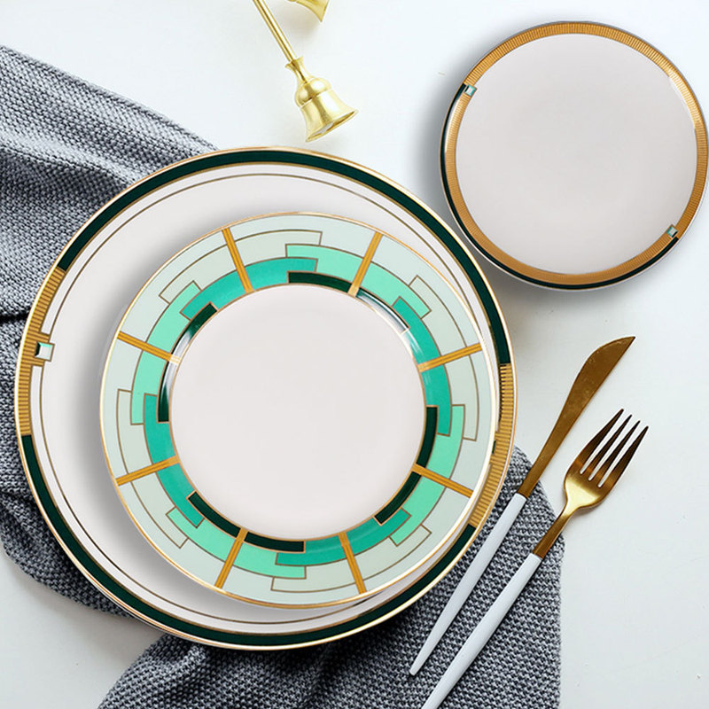 Light Luxury Bone China Western Food Plate Set ins Creative Emerald Dinner Plate Hotel Restaurant Household Dish Plate Steak Plate