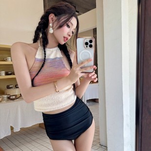 New Sweet and Spicy Pure Desire Color Gradient Striped Short Backless Neck Knitted Sling Split Vacation Swimsuit for Women