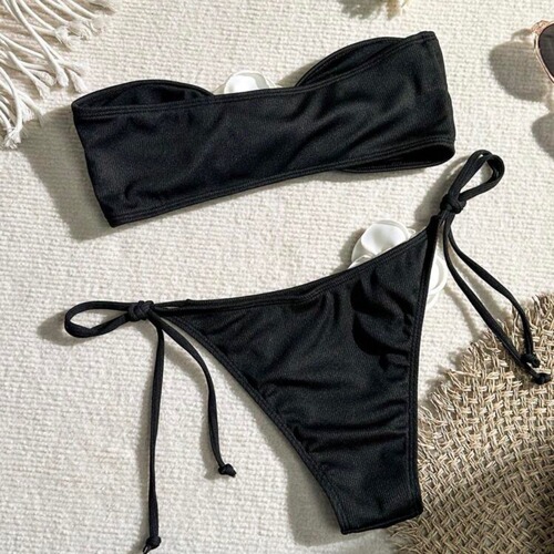 2024 European and American new solid color rose tube top drawstring strap pit strip split swimsuit swimsuit bikini bikini