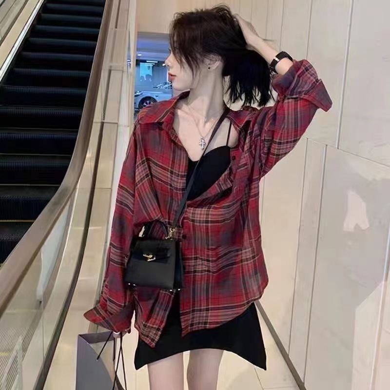 港风复古格子衬衫外套女早秋薄款休闲宽松长袖防晒衬衫设计感|undefined