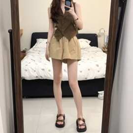 韩系洋气套装女2026夏季气质西装领马甲百搭休闲阔腿短裤两件套潮