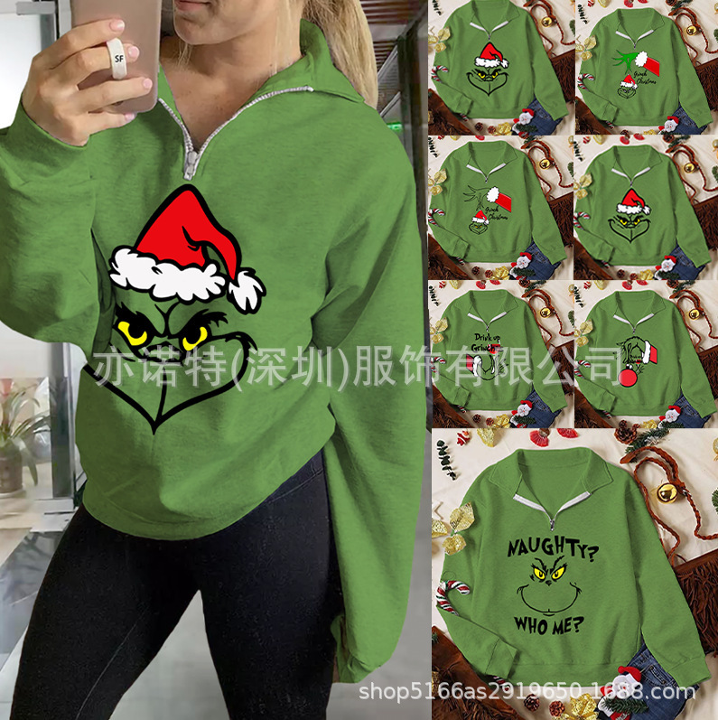 Cross-border Amazon Independent Station Christmas Shrek Funny Green Hair Monster Green Sweatshirt 1/4 Zipper Sweatshirt