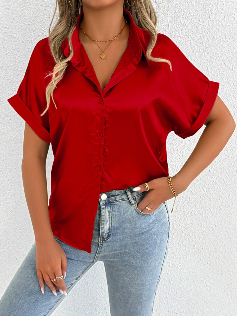 Foto real de ropa popular para mujer para exportación a Amazon, nueva camisa de satén azul de verano para mujer, camisa de satén para mujeres pequeñas.