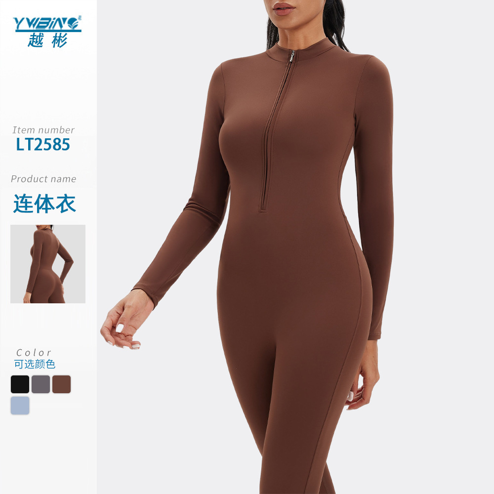 Cross-border cremallera desnuda sensación de yoga tight overalls pantalones al aire libre overalls de mangas largas para correr ropa de fitness