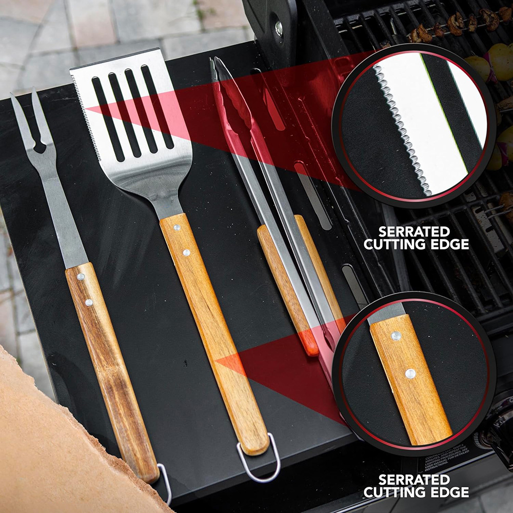 Amazon Venta caliente al aire libre camping herramientas traje Barbacoas hogar barbacoa mango de madera combinación