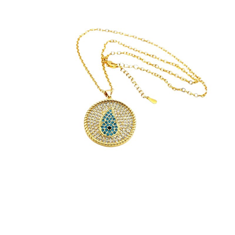Cross-Border Gold-Plated Copper Micro-Inlaid Zircon Devil Eye Pendant Necklace, Fashionable Geometric Round Palm Pendant Necklace