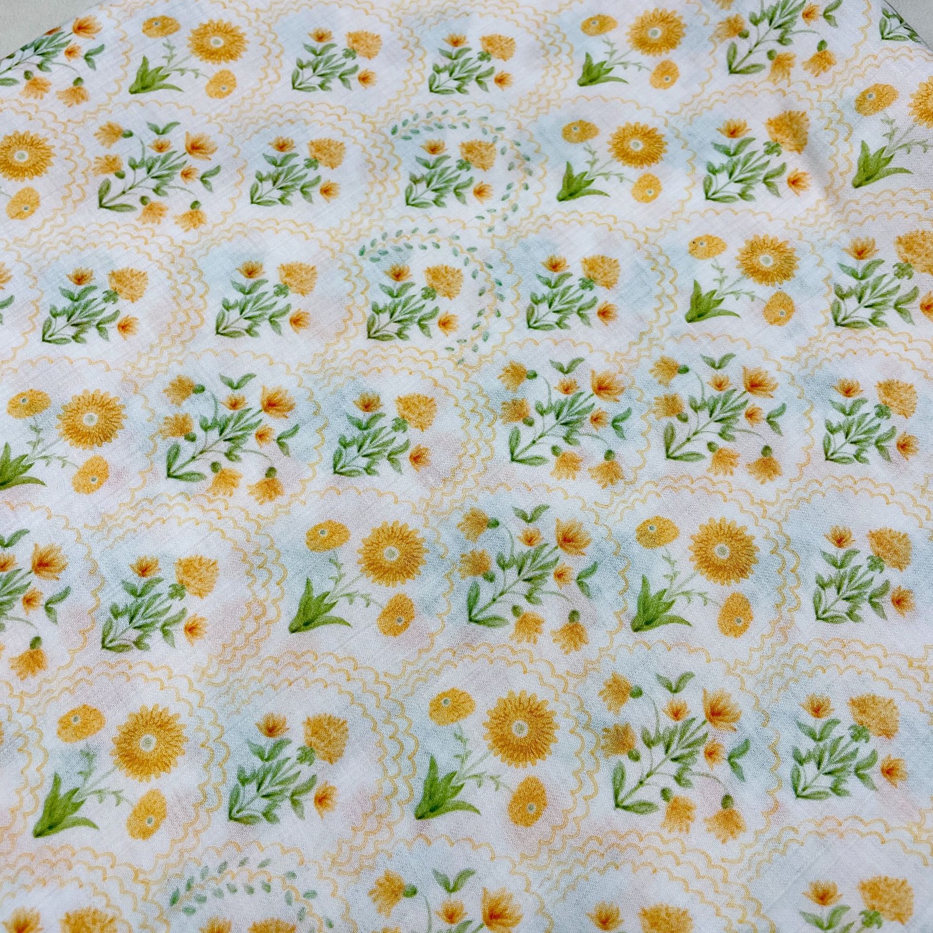 植物印染田园法兰廊花向日葵印花肌理感亲肤面料现货田园风复古
