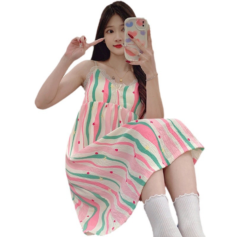 Nuevo vestido de pijama dulce mujer de algodón encantador simple estriado vestido de pijama casero falda en vivo comercio exterior al por mayor