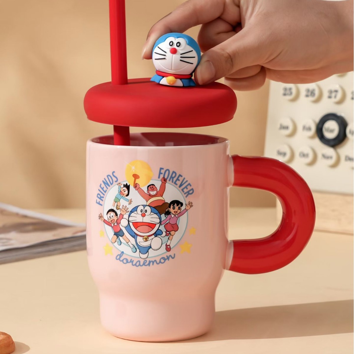 Caricatura creativa Dingdong gato taza de agua de paja personalidad Doraemon taza de cerámica regalo de mano adorable alto valor facial