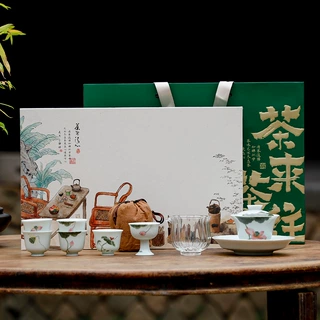 纯手绘荷花套装陶瓷功夫茶具家用手工薄胎盖碗整套礼盒装商务礼品