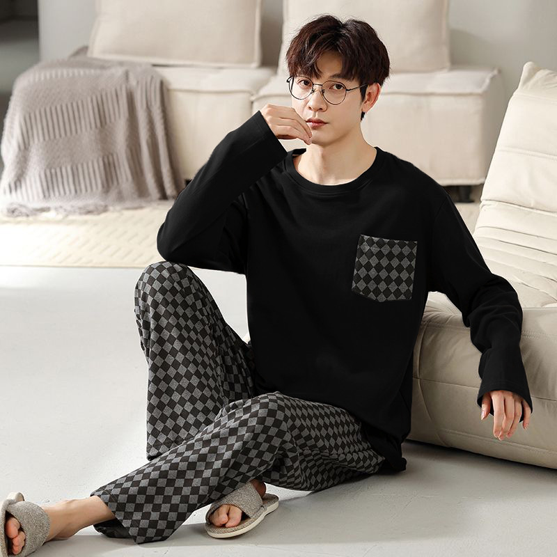 2025 New Men's Pajamas for Spring and Autumn, Suitable for Teenagers and Older Children, Available in Plus Sizes, Korean Style, Fashionable Long-Sleeve and Long Pants for Going Out