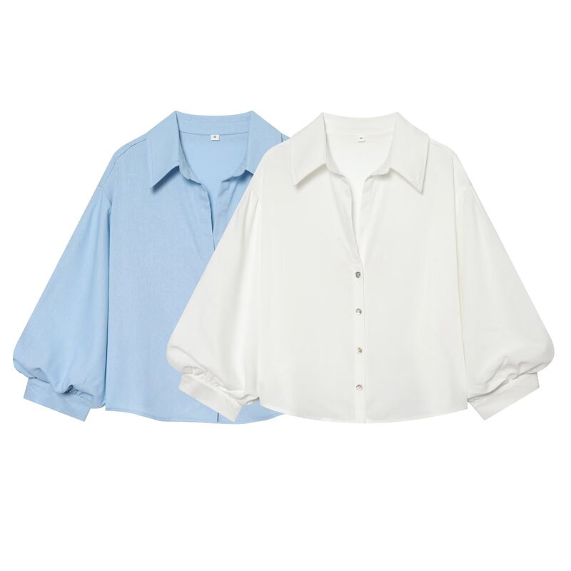 Amazon Wholesale New Summer Women's Versatile Collared Single-Breasted Puff Sleeve Elbow-Length Shirt 2579777