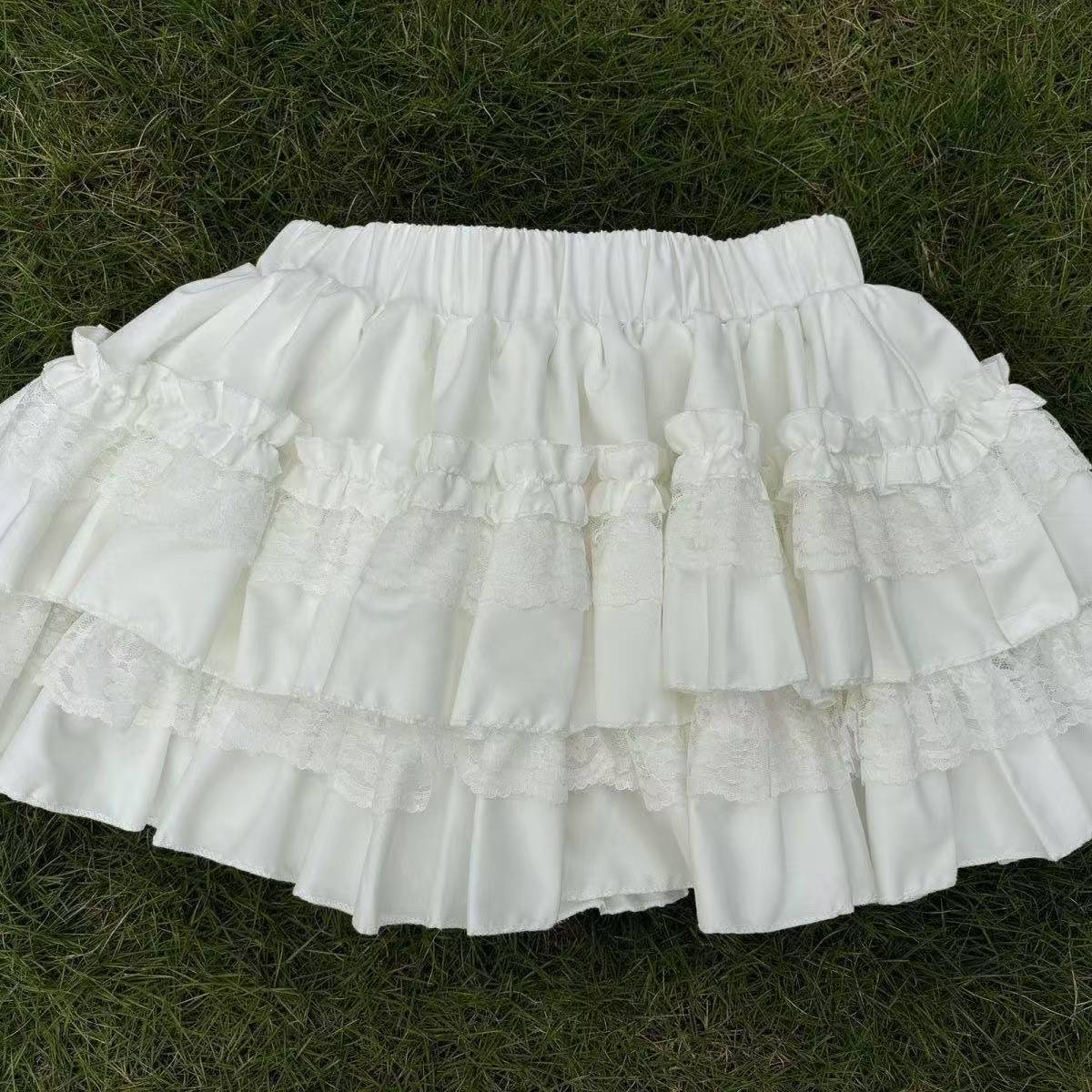 Sweet White Puffy Cake Skirt, High-Waist Pleated Lolita Half Skirt, Polyester — detail image 2