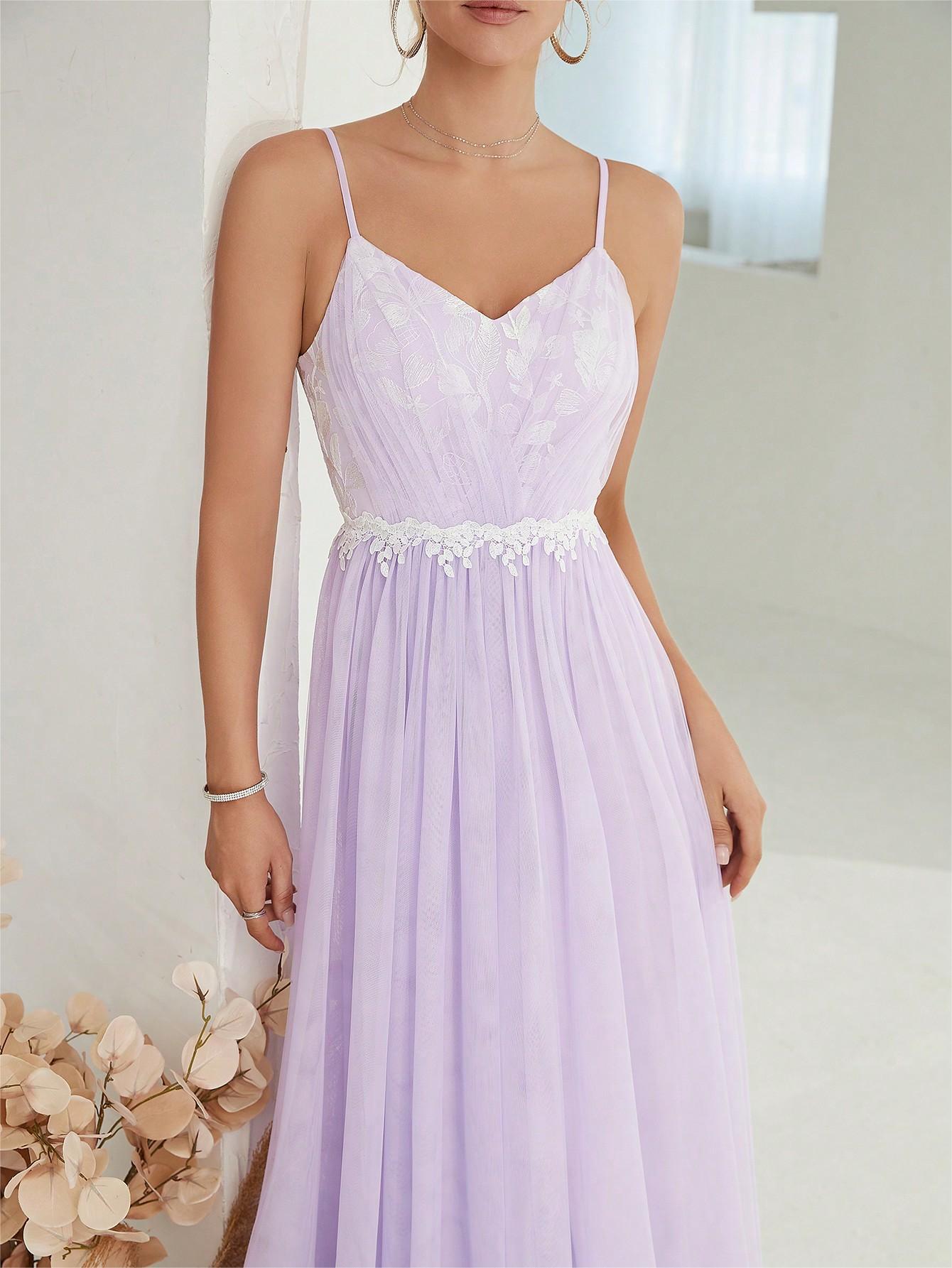 Women Suspender Evening Dress Mesh Cross Fold Lace Contrast Color Maxi Dress Summer