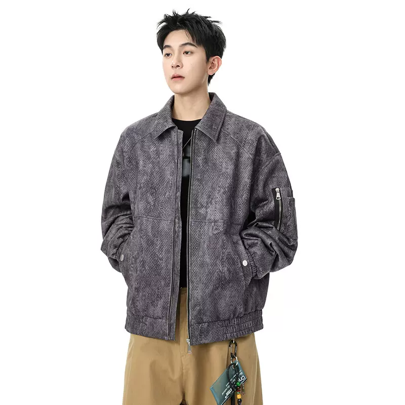 复古扎染翻领夹克男士秋冬季2025新款设计感提花宽松痞帅大码外套