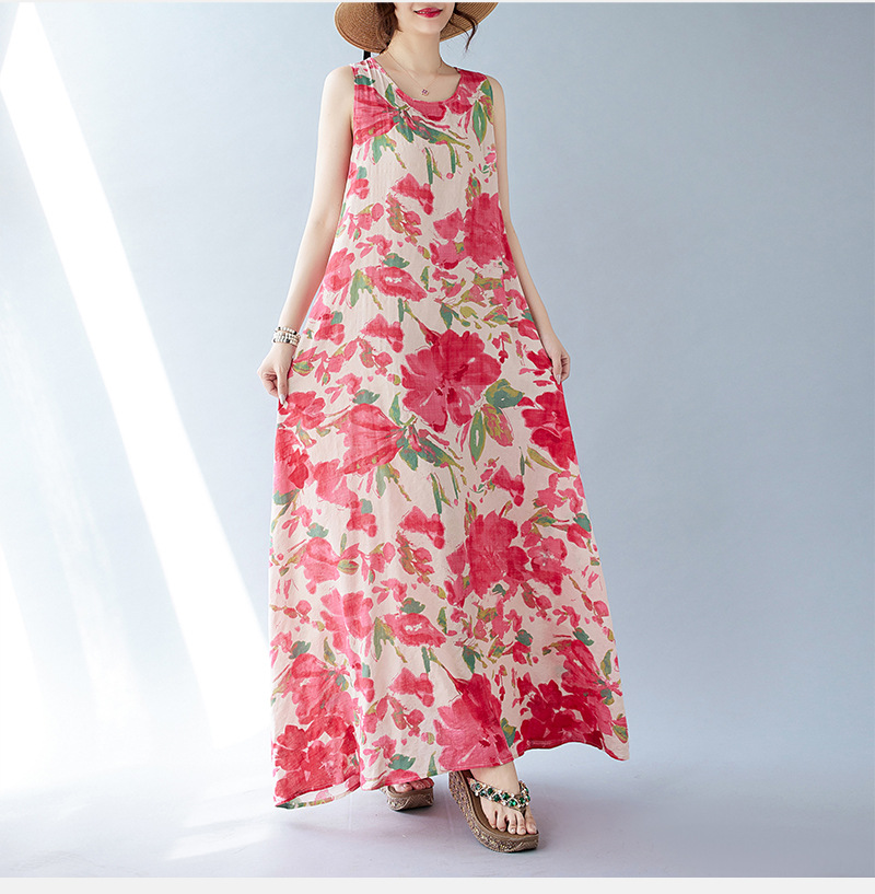 Real Shot Of The 2024 Summer New Bohemian Artistic Loose Sleeveless Round-neck Printed Mid-length Dress For Women_ecoleips.com