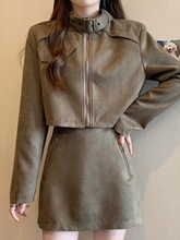 卡其色外套半身裙两件套女秋冬大码胖宽松复古机车上衣短裙套装