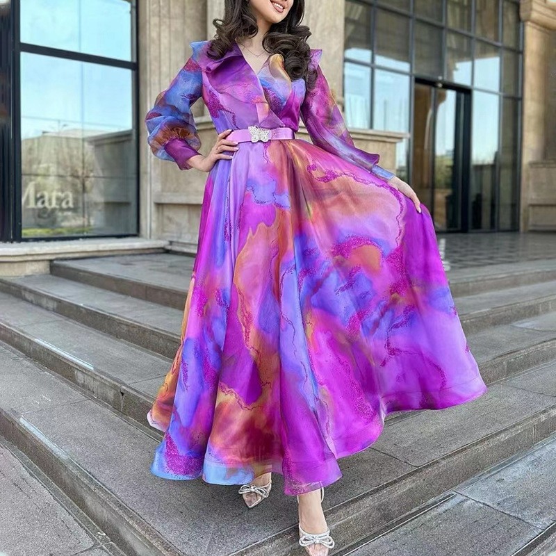 2025 primavera y verano nuevo estilo de comercio exterior europeo y americano estampado vestido de malla de gran swing viaje vestido de mujer de talla grande europeo y americano