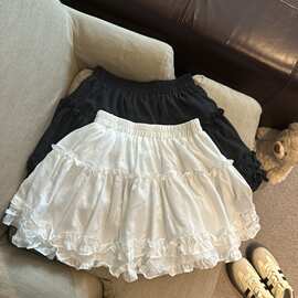 韩版白色花边拼接蛋糕裙女2026夏季新款松紧腰度假风高腰A字短裙