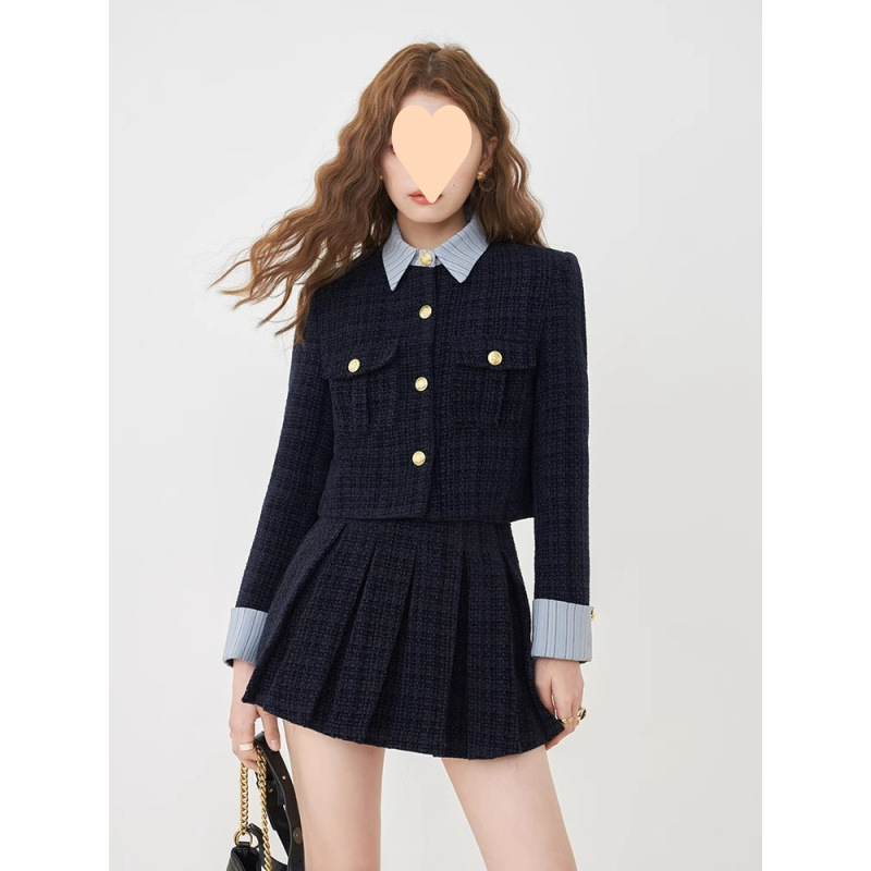 大码胖韩系小香风假两件短款外套+辣妹高腰百褶短裙显瘦两件套|undefined