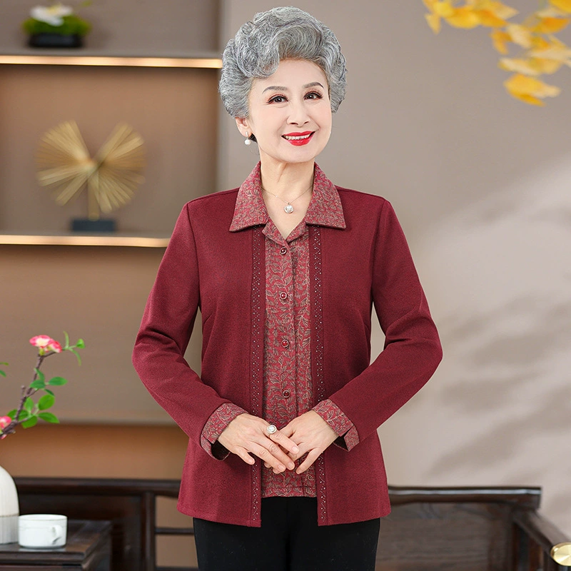 Бабушка одежда весенняя одежда поддельный кардиган из двух частей женская мать и жена весенняя одежда костюм старая весна и осень пальто