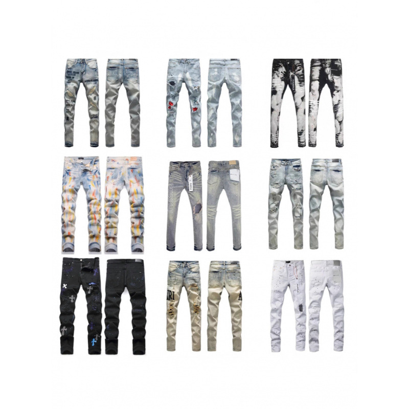 Foreign Trade Cross-Border Purple High Street Ripped Skinny Stretch Jeans with Patch Embroidery Vintage Am1Ri Denim