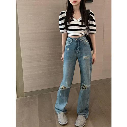 American Retro High Street Ripped Denim Pants for Women - Spring and Autumn Tall Waist Straight Leg Loose and Slim Versatile Wide Leg Pants