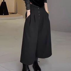 高端秋冬高腰排扣压褶毛呢九分休闲裤直筒百搭排扣气质风阔腿裤潮