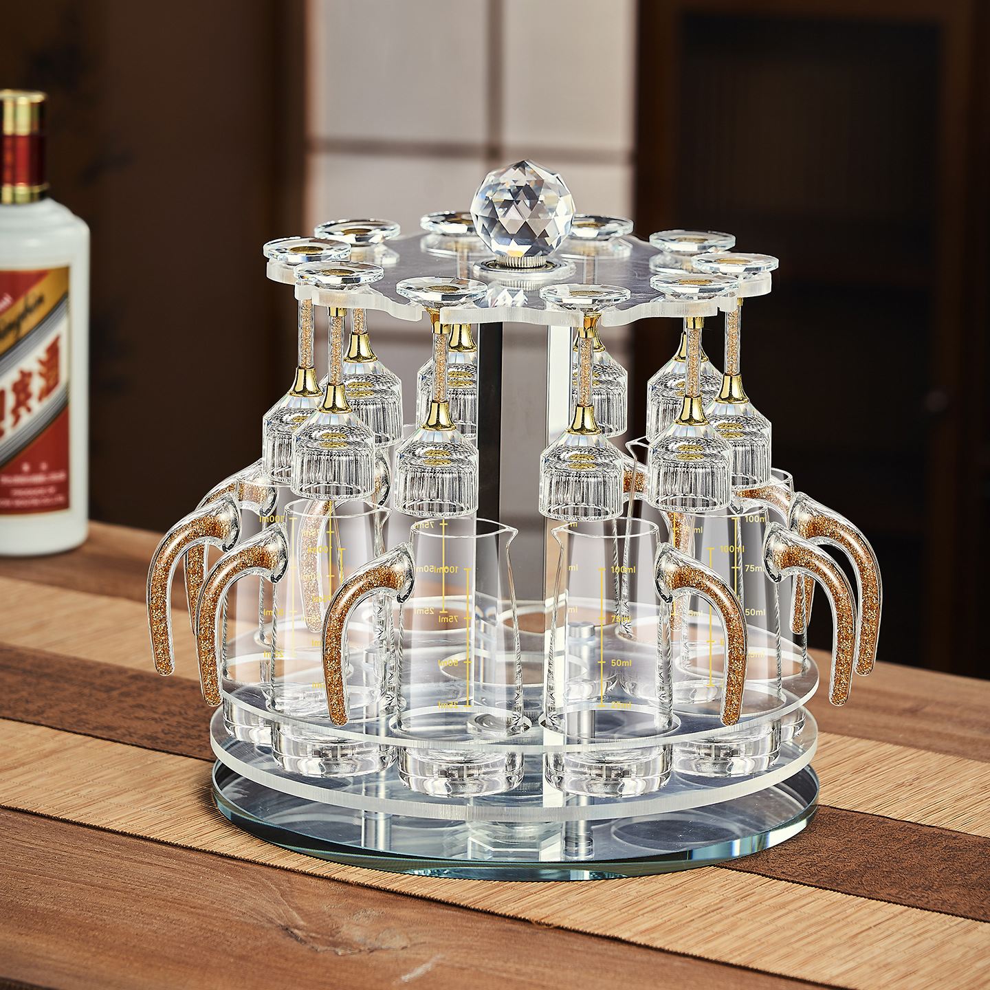 新款白酒杯云初品鉴杯家用酒具套装旋转水晶杯架一套10壶10杯包邮