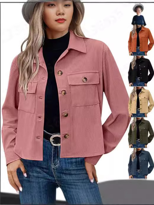 Amazon 2024 ホットスタイルヨーロッパとアメリカの女性のファッションカジュアルショートシャツコーデュロイボタンへそ出しジャケットトップ|undefined