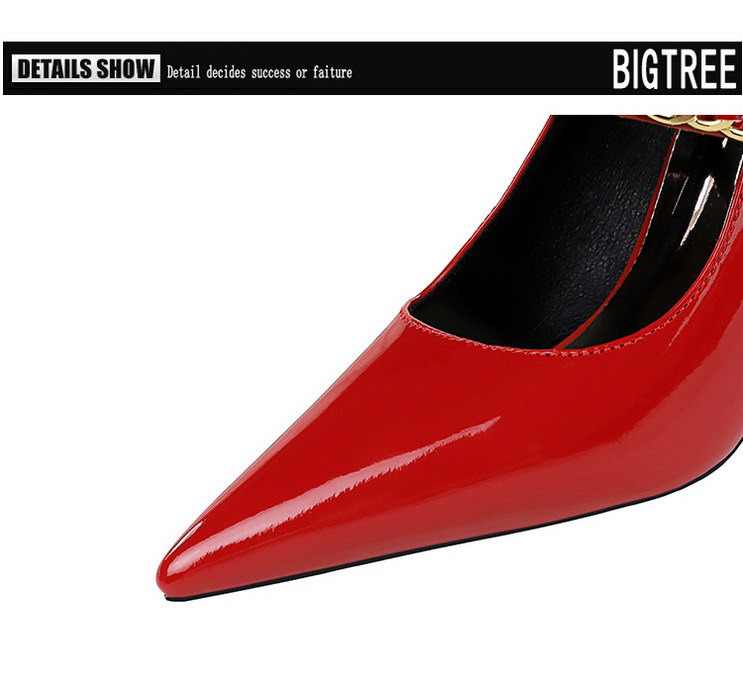 High heels women's shoes slim heels patent leather shallow mouth pointed metal chain line with single shoes_voghion.com