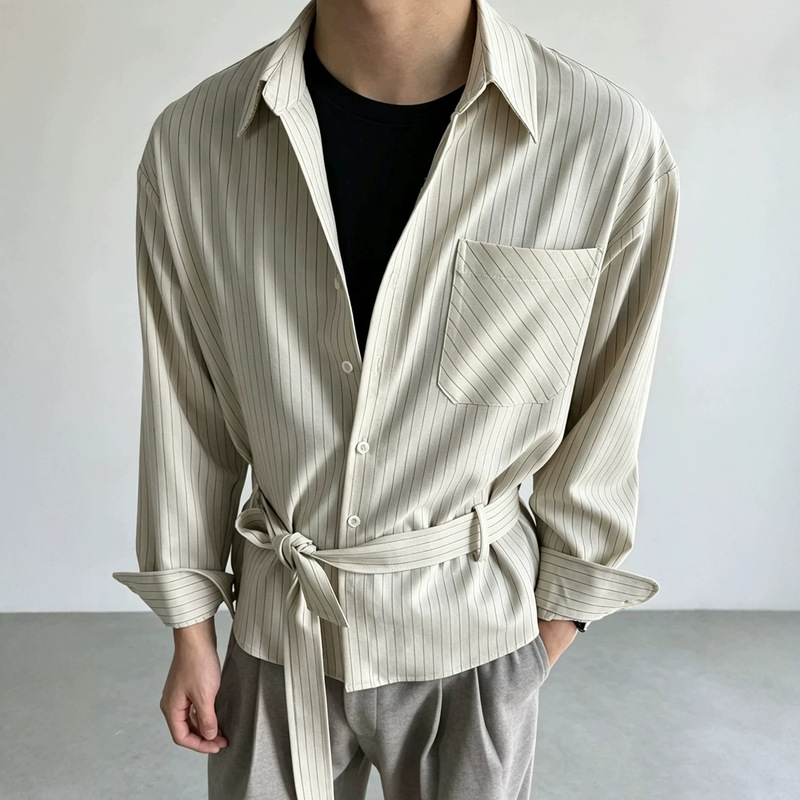American retro high-end anti-wrinkle striped tie-down long-sleeve shirt for men, spring and summer casual drapey shirt jacket American retro high-end anti-wrinkle striped tie-down long-sleeve shirt for men, spring and summer casual drapey shirt jacket