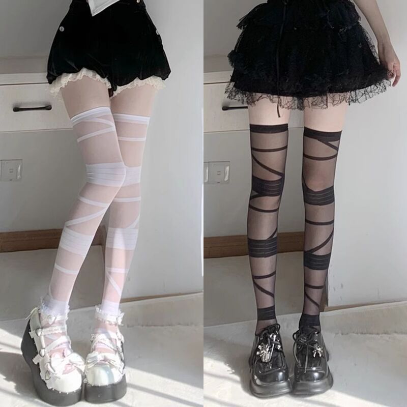 Lolita over-the-knee strap sweet stockings knee-high thin y2k hot girl bandage white silk jk calf socks for children