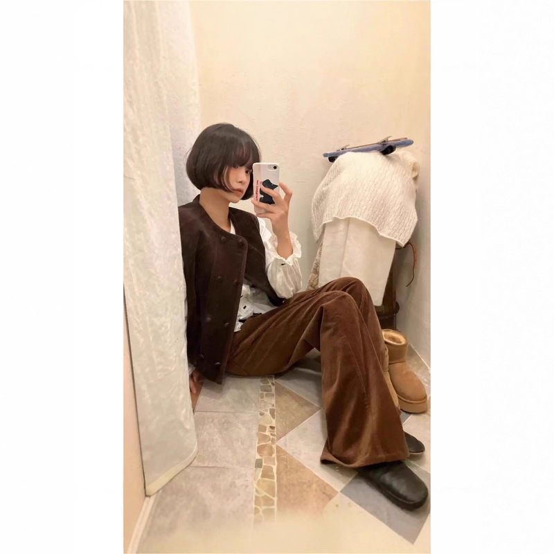 Now H Korean Designer Viapl*In Double-Breasted Corduroy Vest Korean Style Women's Retro Sleeveless Jacket for Women