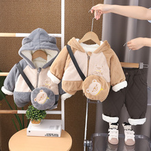 宝宝冬季套装小熊背带棉衣加绒加厚3儿童衣服婴儿秋冬童装小童1岁