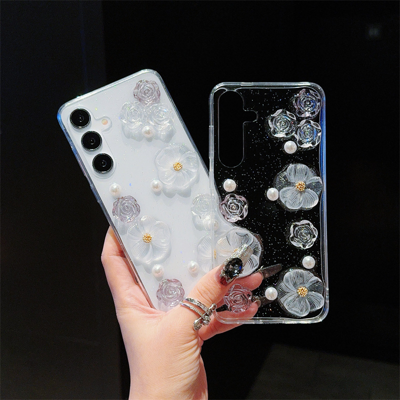 Suitable for Samsung S25Ultra Transparent Glitter Butterfly Galaxy Flower S24 Pearl Heart A16 Women's Model A56
