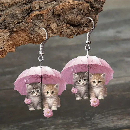 Cute Umbrella Cat Acrylic Earrings — Romantic Cat Earrings Perfect for Gift-Giving This Year