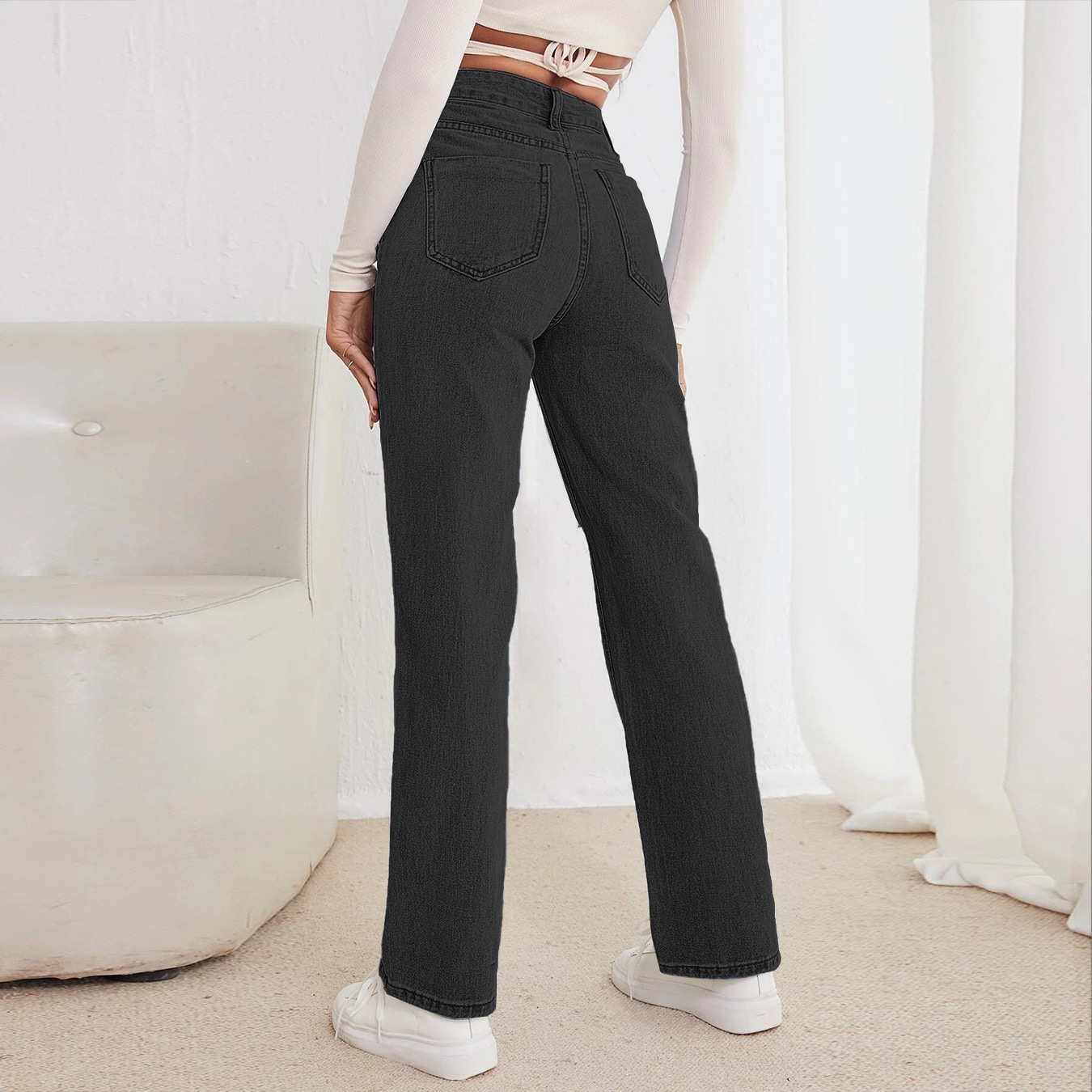 ripped straight-leg high waist solid color jeans NSGYY139639