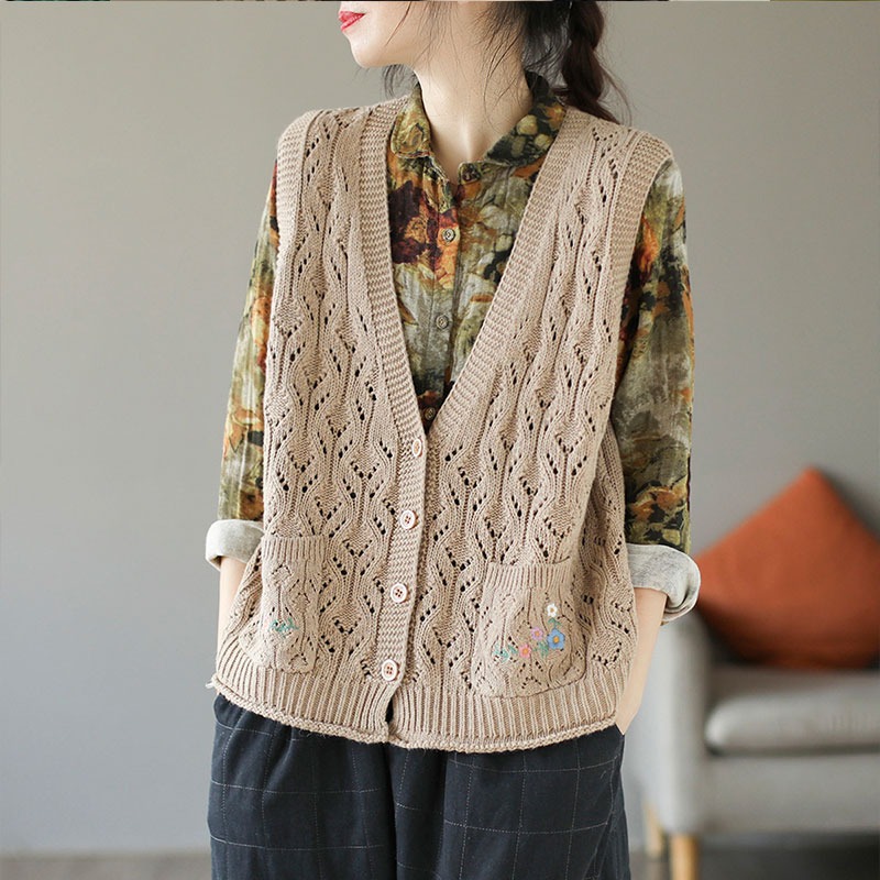 Spring and Summer 2024 New Artistic Retro Hollow Vest V-Neck Sleeveless Cotton Knitted Top Vest Women's Jacket