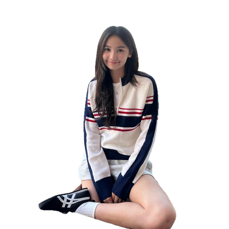 美式复古撞色条纹半拉链针织衫女2025秋季新款半开领毛衣长袖上衣|undefined