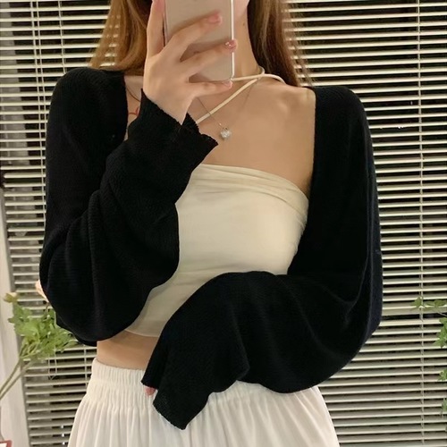 Ice silk knitted sun protection cardigan thin women's summer shawl outer short top long-sleeved blouse small vest jacket