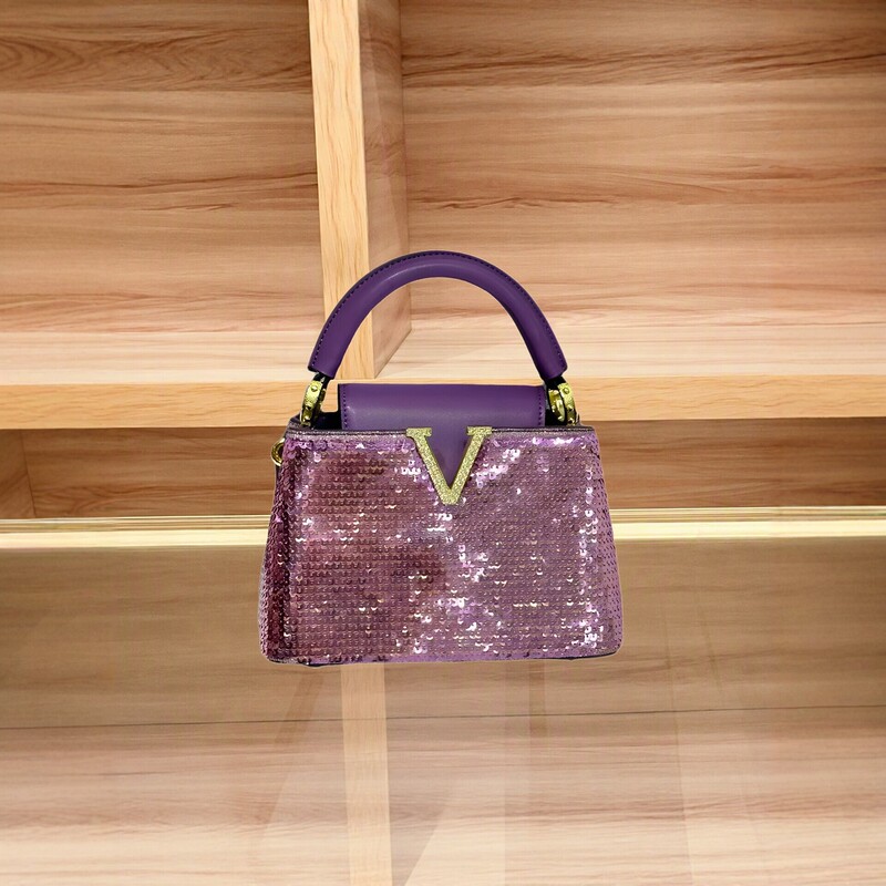 Purple sequin V-shaped handbag for women, 2026 summer new model, European and American fashion niche light luxury shoulder and crossbody bag Purple sequin V-shaped handbag for women, 2026 summer new model, European and American fashion niche light luxury shoulder and crossbody bag