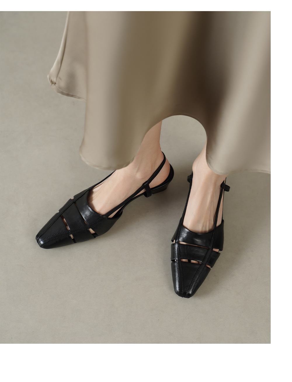 Sandal nữ da cừu gót thô quai ngang phong cách La Mã hở gót — đen chi tiết 11