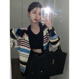 实拍 秋装新款慵懒高级针织撞色彩虹条纹外套毛衣显瘦开衫外套女