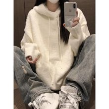慵懒风白色连帽水貂绒套头毛衣女秋装新款韩版宽松针织衫