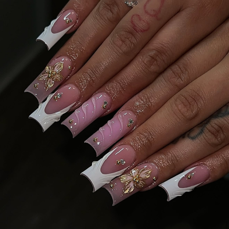 Cross-Border Hot-Selling Medium-Length Rectangular Nail Art Press-On Nails 3D Three-Dimensional Fake Nails French White Flower Nail Pieces Cross-Border Hot-Selling Medium-Length Rectangular Nail Art Press-On Nails 3D Three-Dimensional Fake Nails French White Flower Nail Pieces