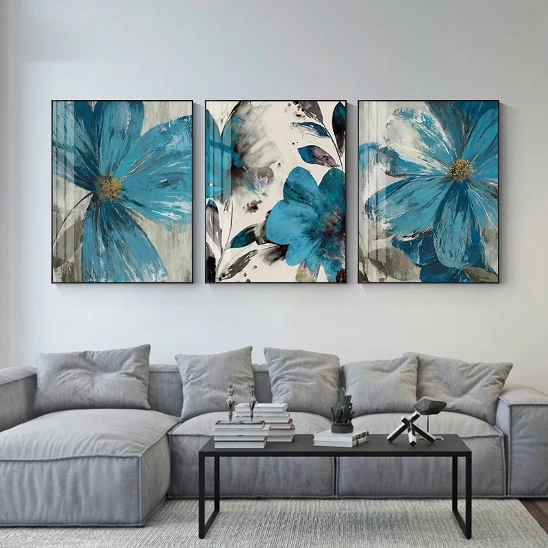 Modern Home Decoration Living Room Bedroom Decorative Painting Blue Flower Plant Canvas Poster Hanging Painting Frameless Painting Core