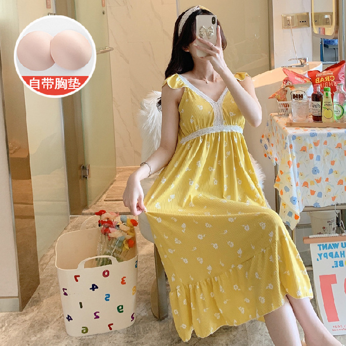 Princesa estilo suelto verano estilo coreano pijamas de las mujeres sueltas lindo camisón encaje con almohadilla en el pecho desgaste del hogar mujeres